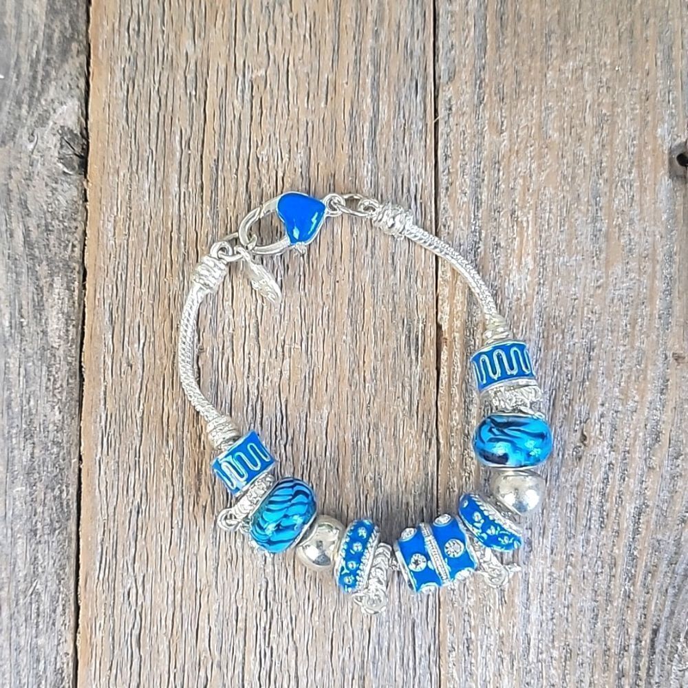 Blue beaded enamel and crystal charm bracelet 8" length